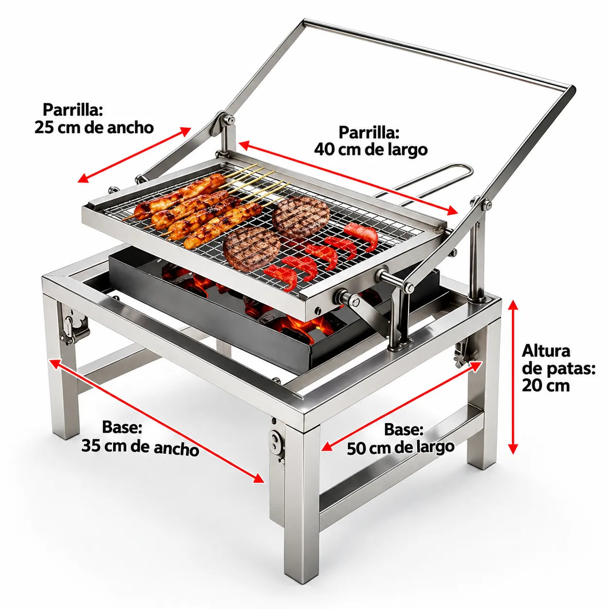 Asador con parrilla giratoria en acero inoxidable