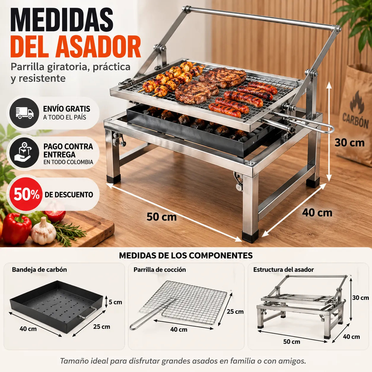 Asador con parrilla giratoria en acero inoxidable