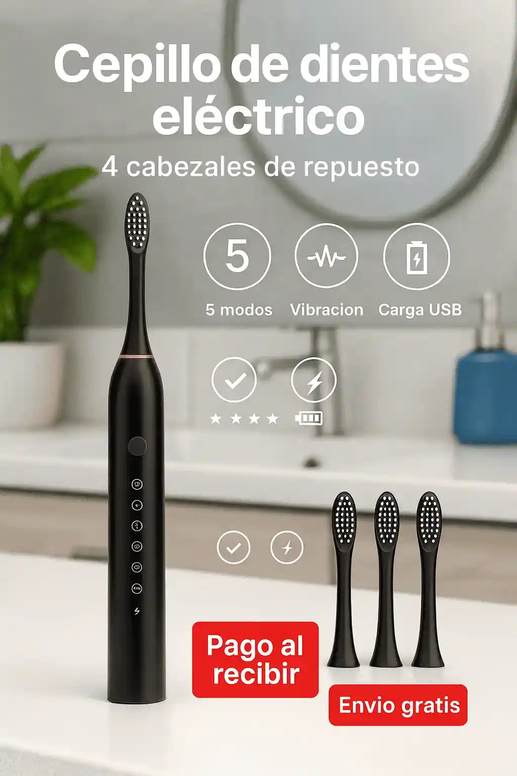 Cepillo de Dientes Eléctrico -  Incluye 4 cabezales de repuesto