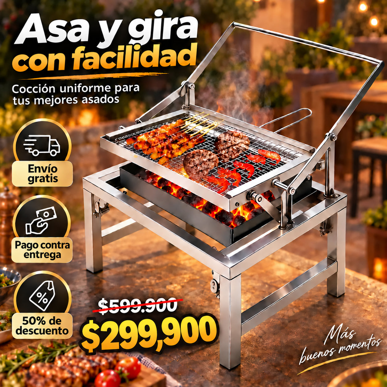 Asador con parrilla giratoria en acero inoxidable